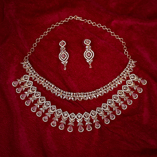 The Pink Teardrop Dual-Layer Diamond Look Choker Set