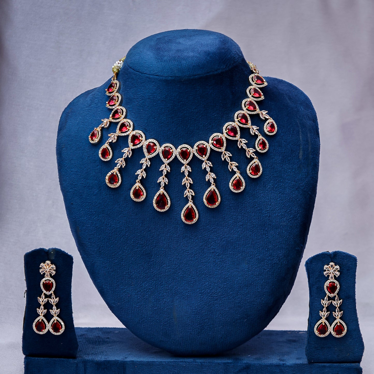 Regal Ruby Red Teardrop Festoon Necklace Set