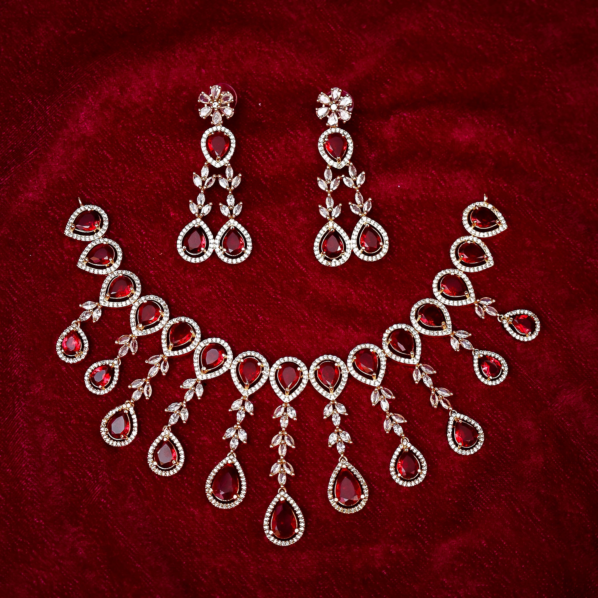 Regal Ruby Red Teardrop Festoon Necklace Set