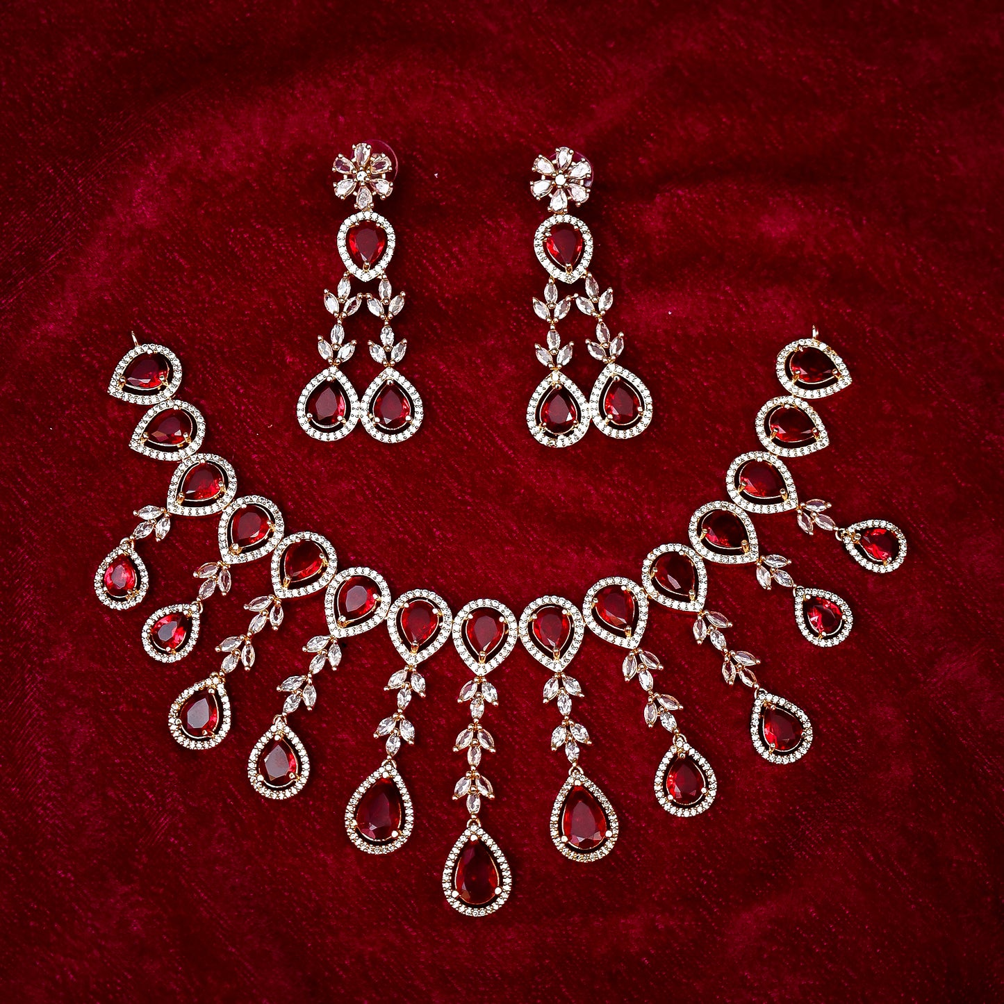 Regal Ruby Red Teardrop Festoon Necklace Set