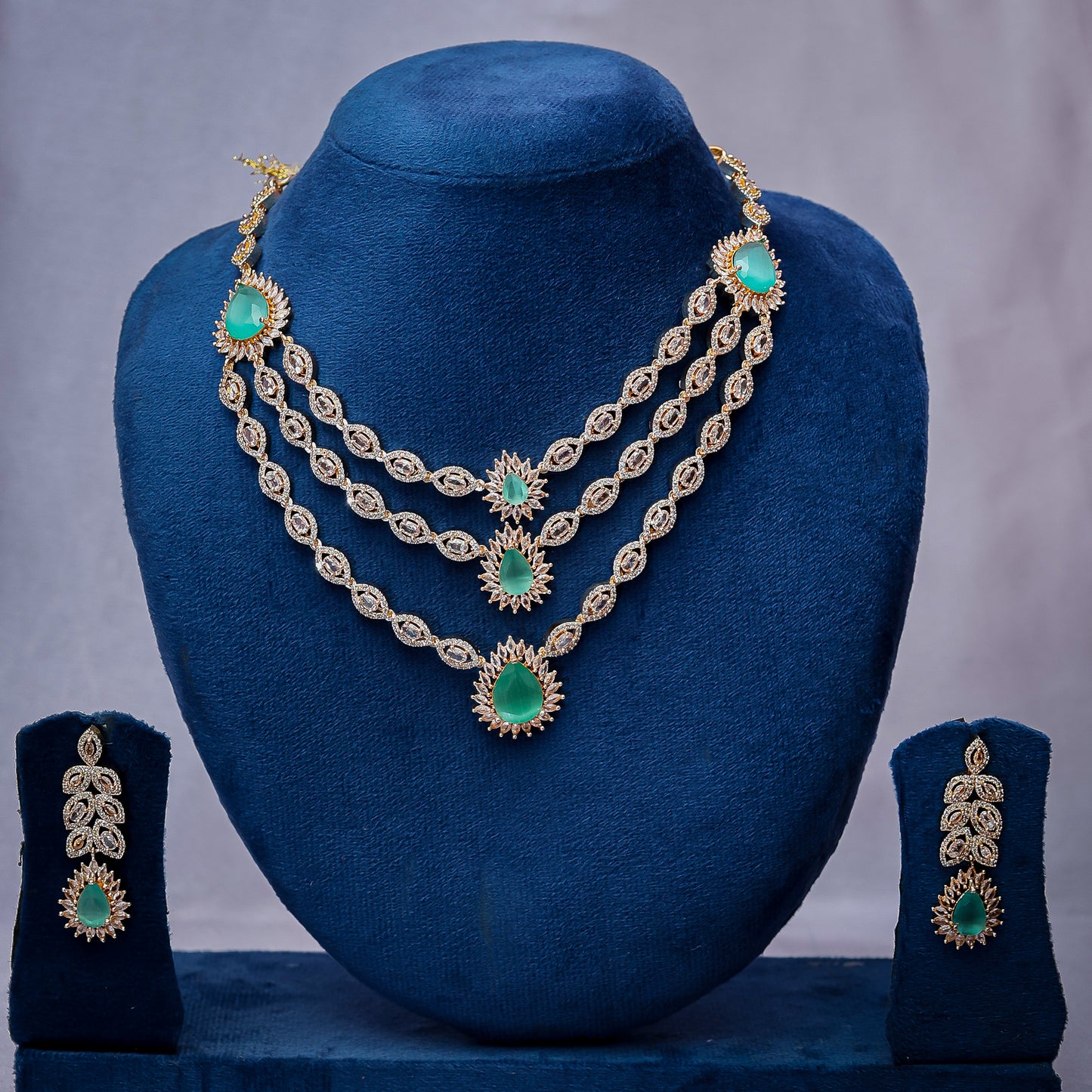 The Emerald Green Cascading Three-Layer Diamond Necklace Set