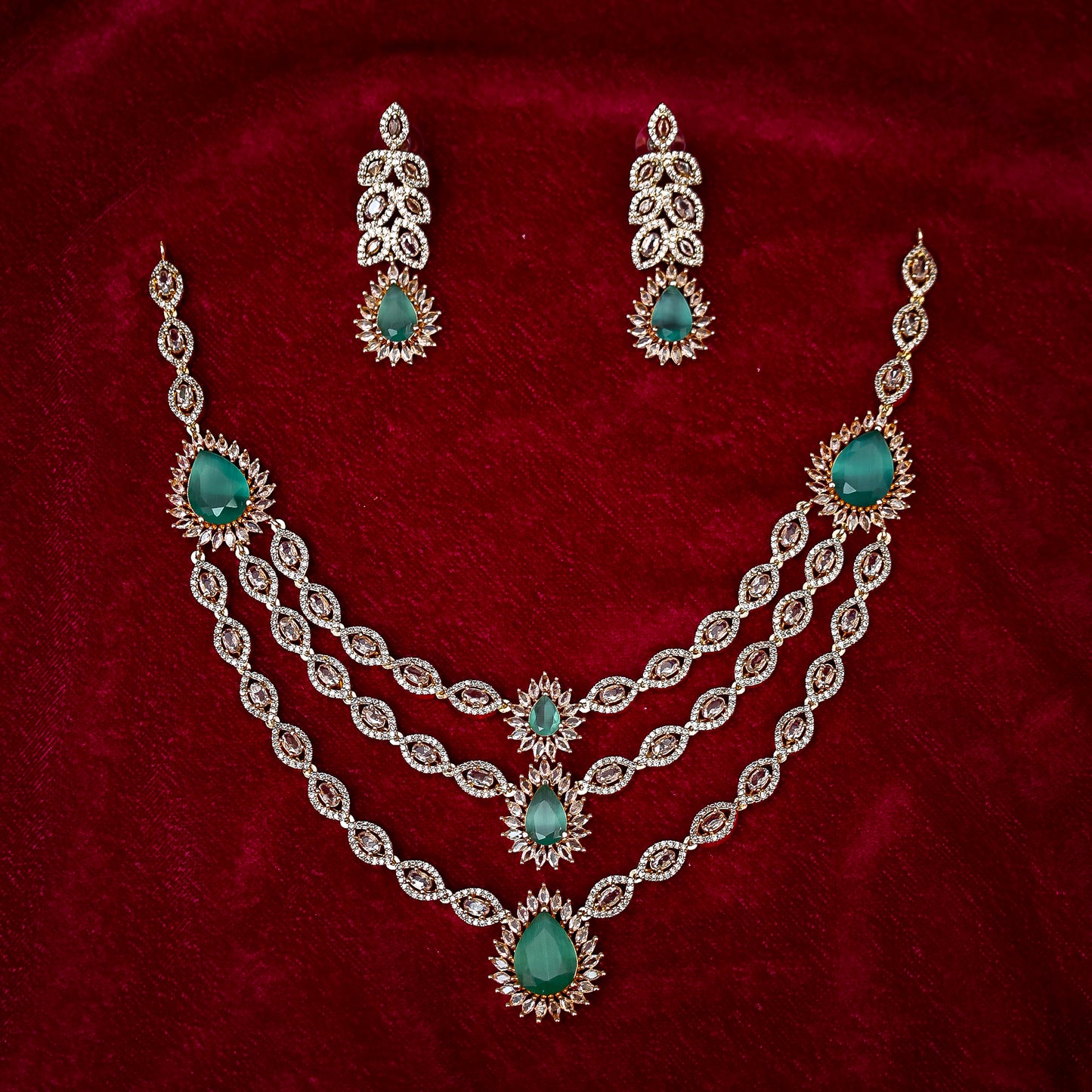 The Emerald Green Cascading Three-Layer Diamond Necklace Set