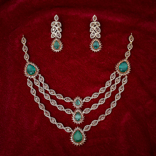 The Emerald Green Cascading Three-Layer Diamond Necklace Set