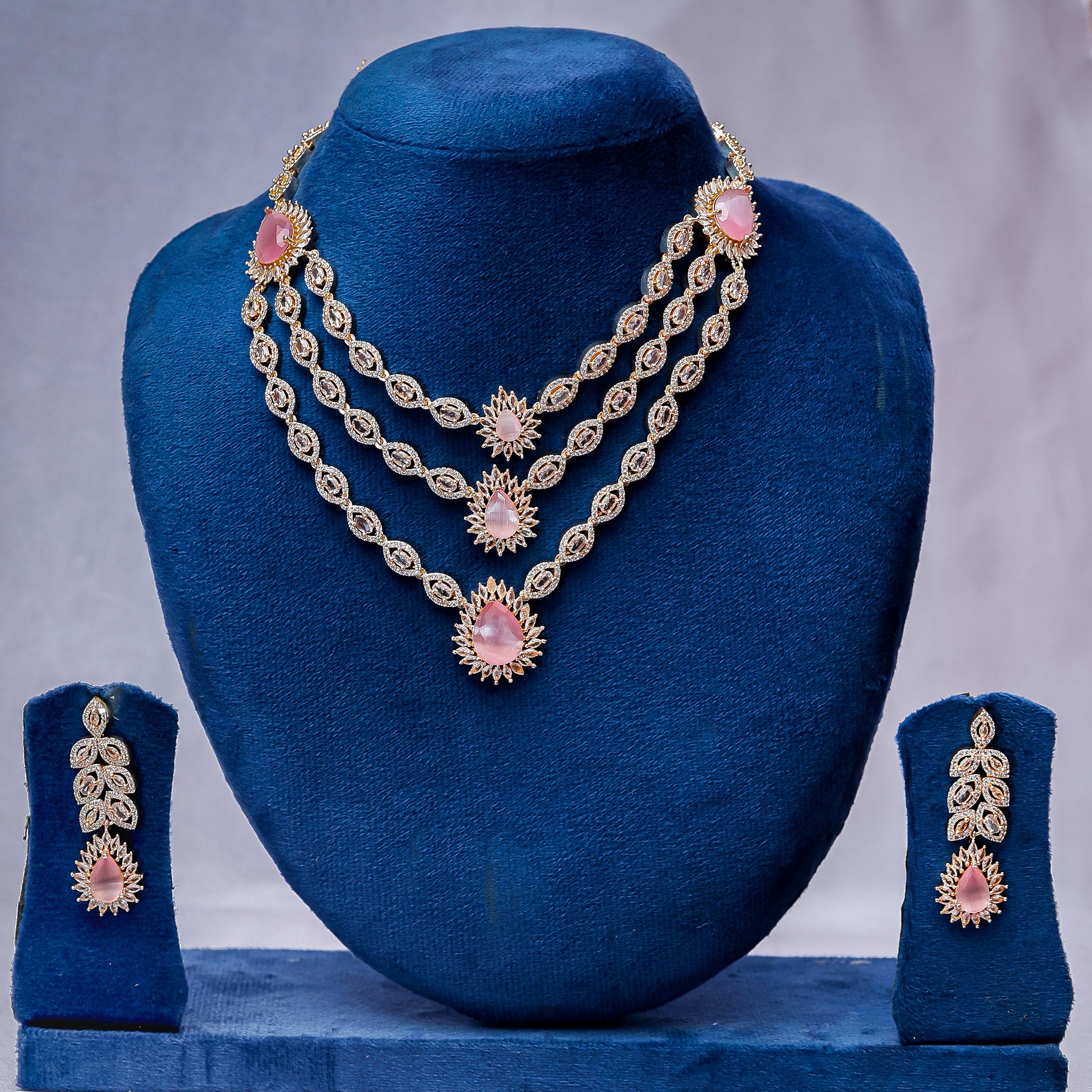 The Pastel Pink Cascading Three-Layer Diamond Necklace Set