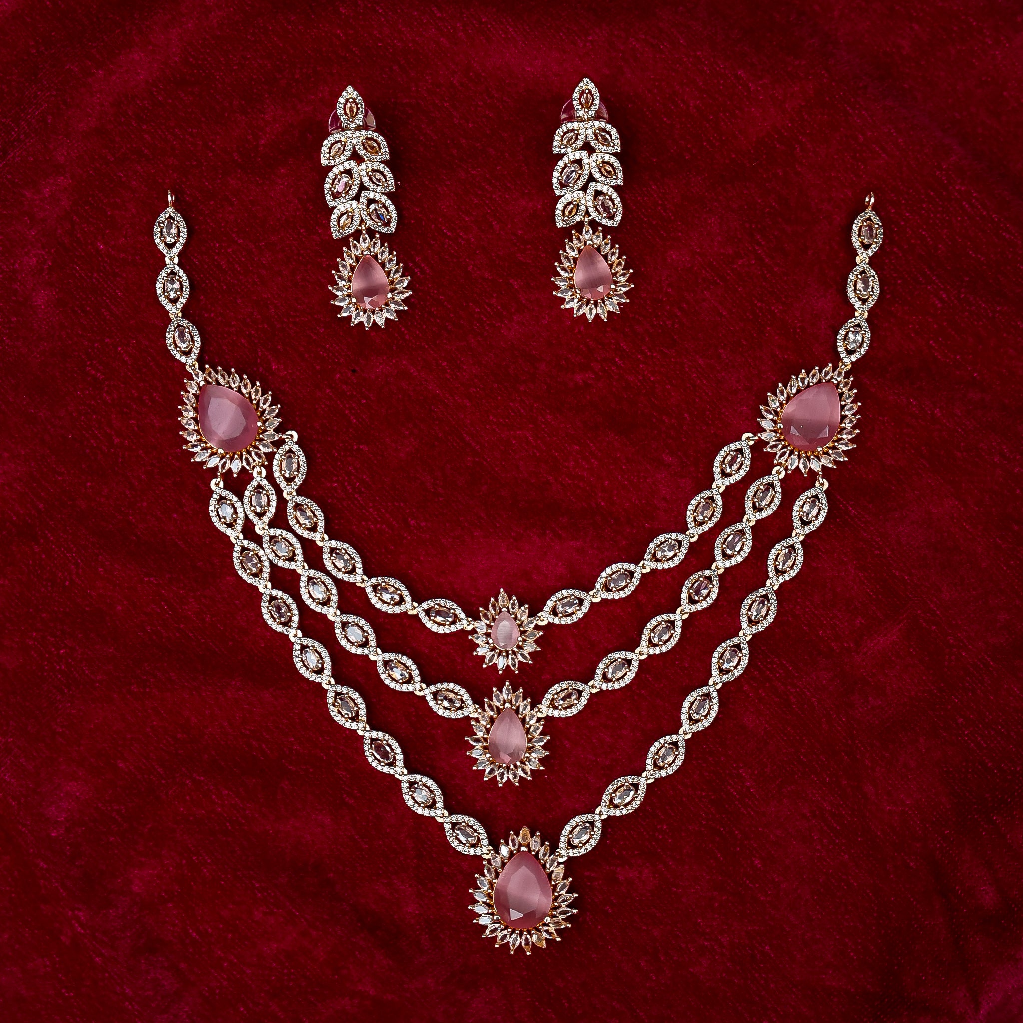 The Pastel Pink Cascading Three-Layer Diamond Necklace Set