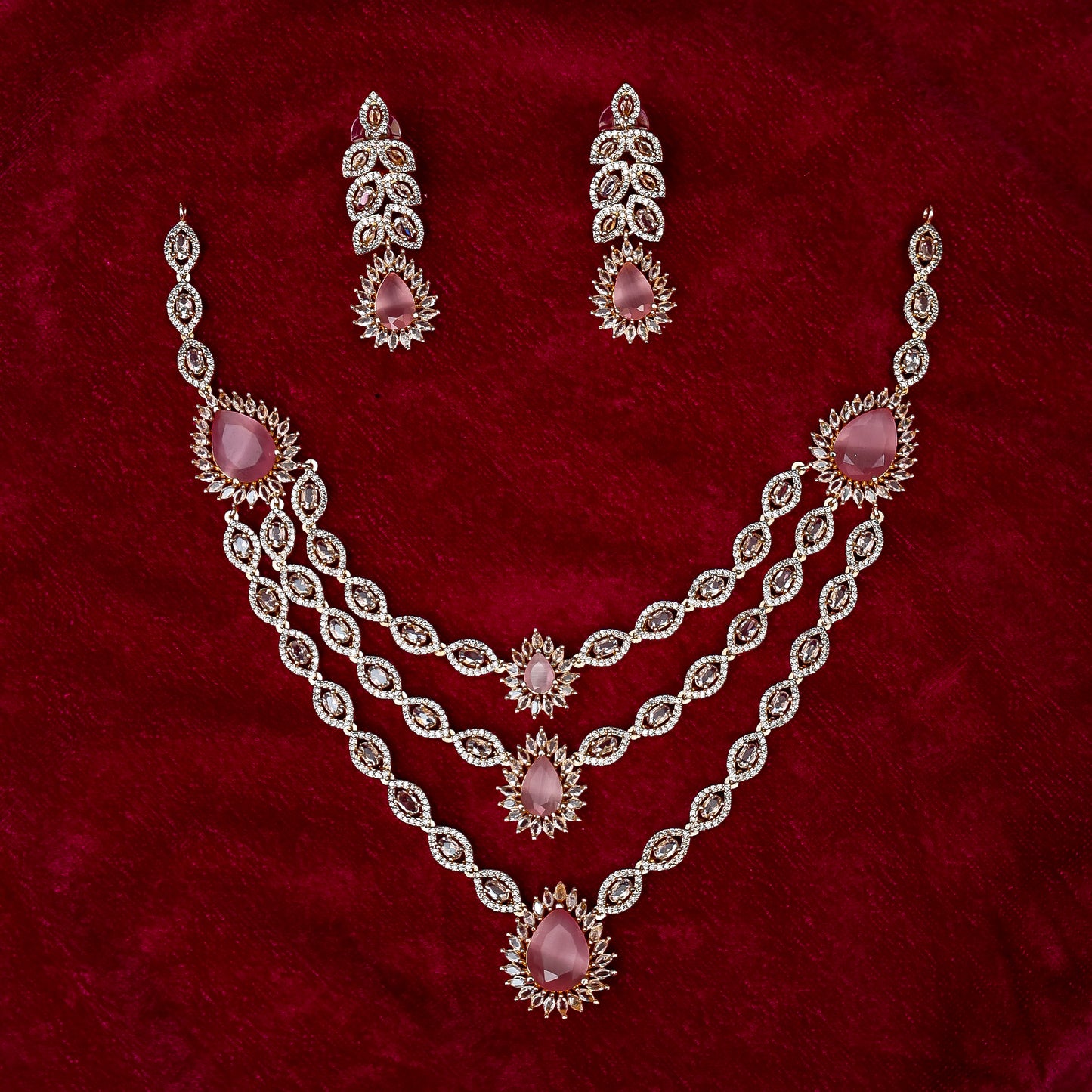 The Pastel Pink Cascading Three-Layer Diamond Necklace Set