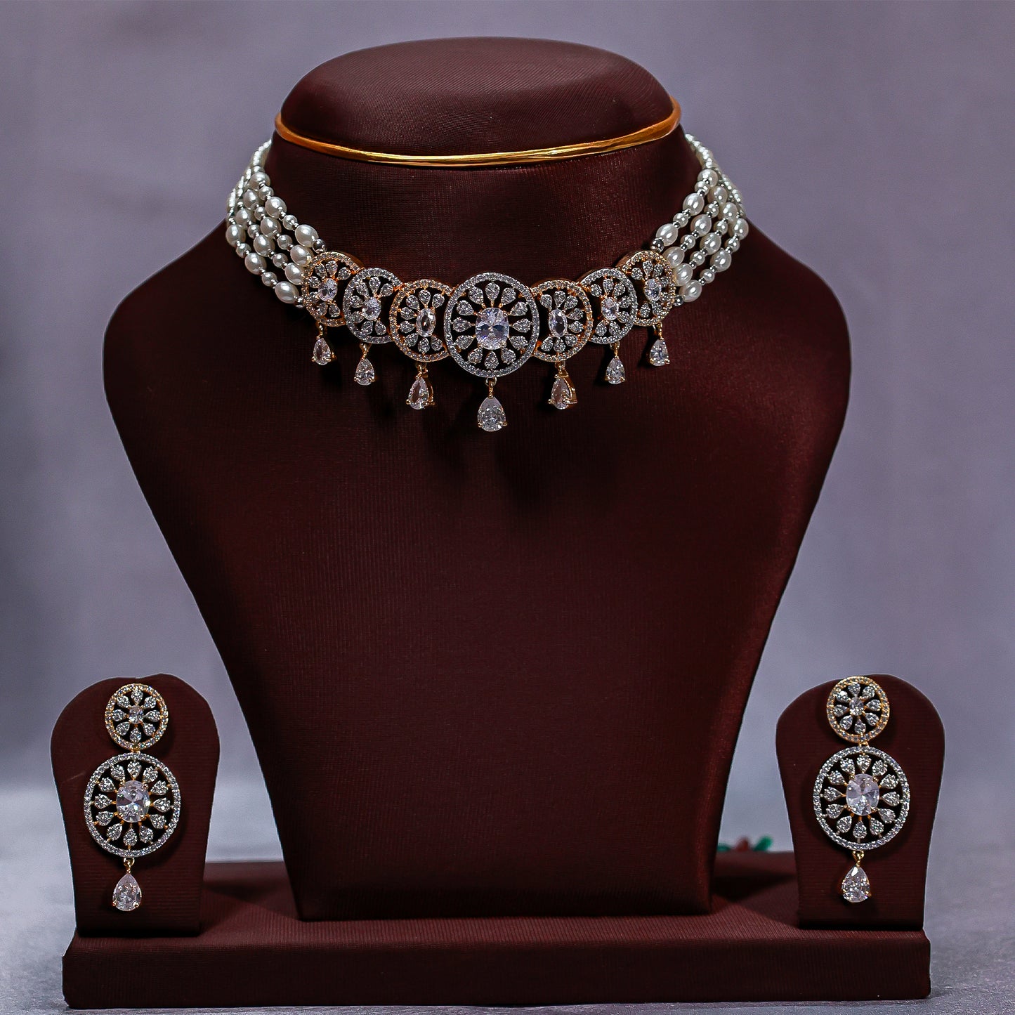 The Diamond Chakra & Pearl Choker Set (Gold & White Stone)