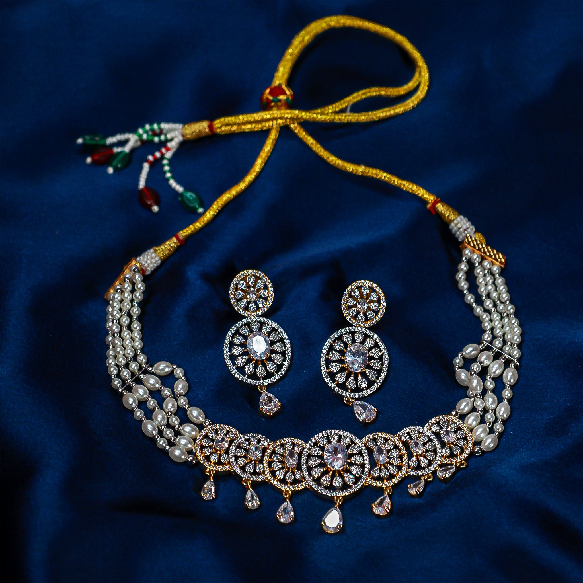 The Diamond Chakra & Pearl Choker Set (Gold & White Stone)