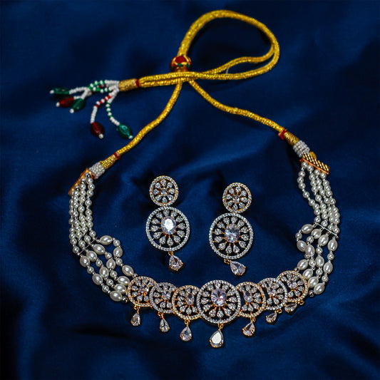 The Diamond Chakra & Pearl Choker Set (Gold & White Stone)