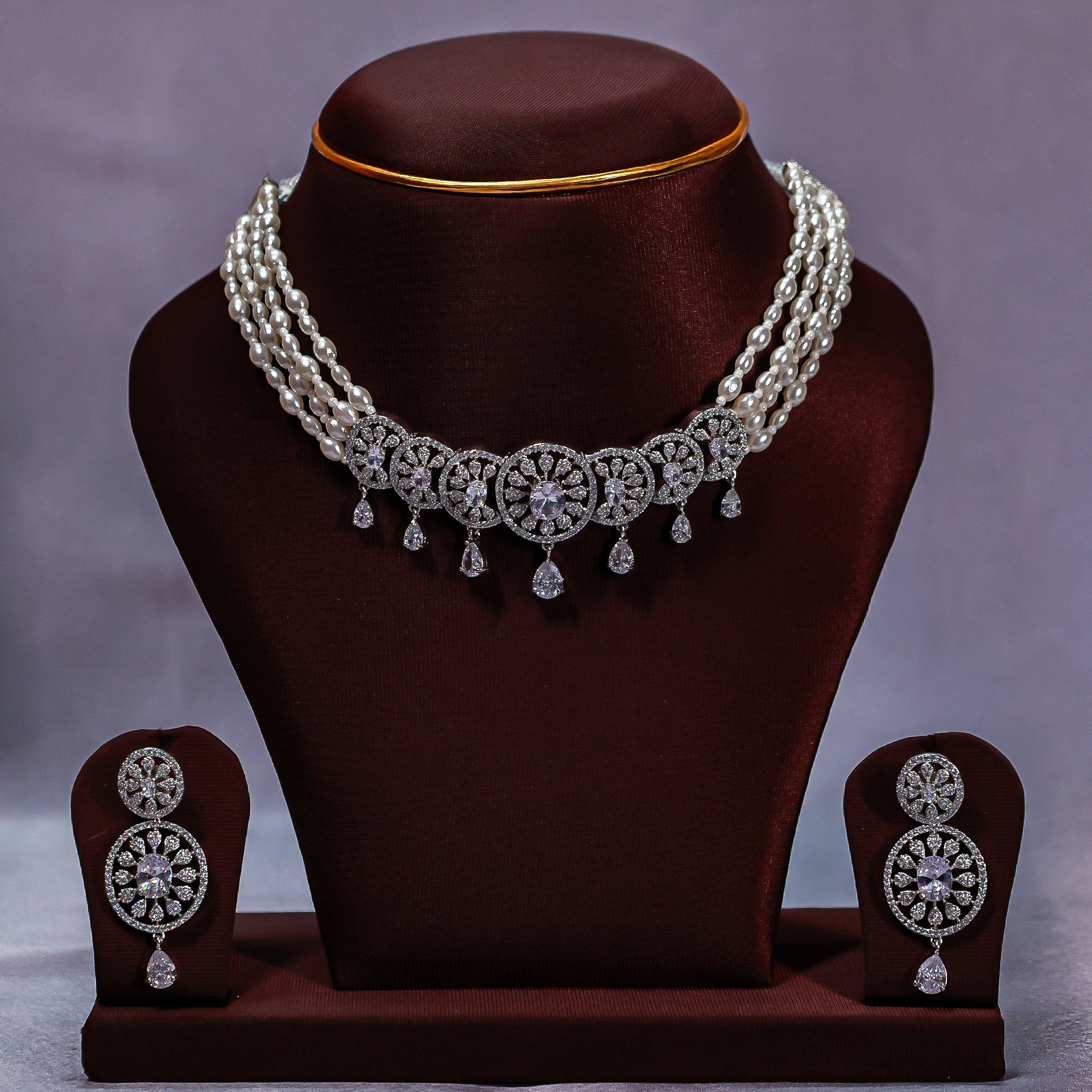 Bridal CZ & Pearl Circular Medallion Choker Set