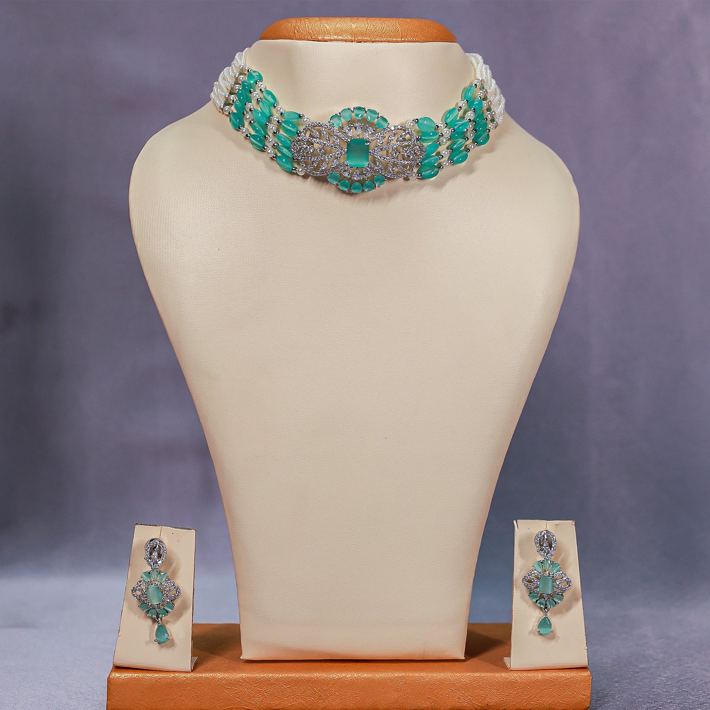 Mint/Teal Quartz & Pearl Choker Necklace Set