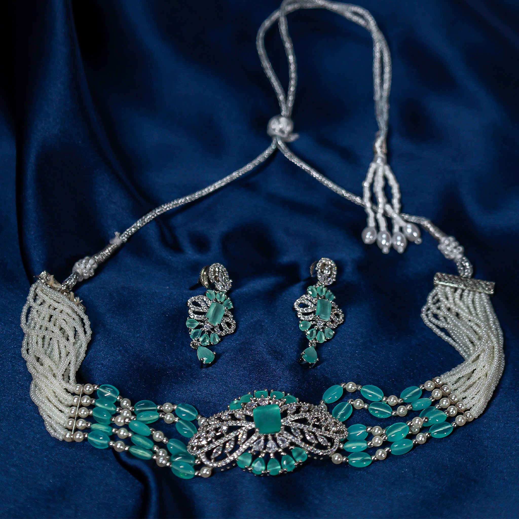 Mint/Teal Quartz & Pearl Choker Necklace Set