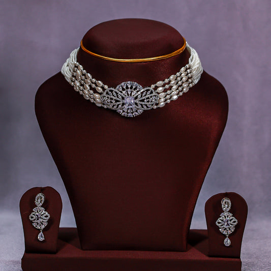 Regal Diamond-Cut CZ & Pearl Choker Necklace