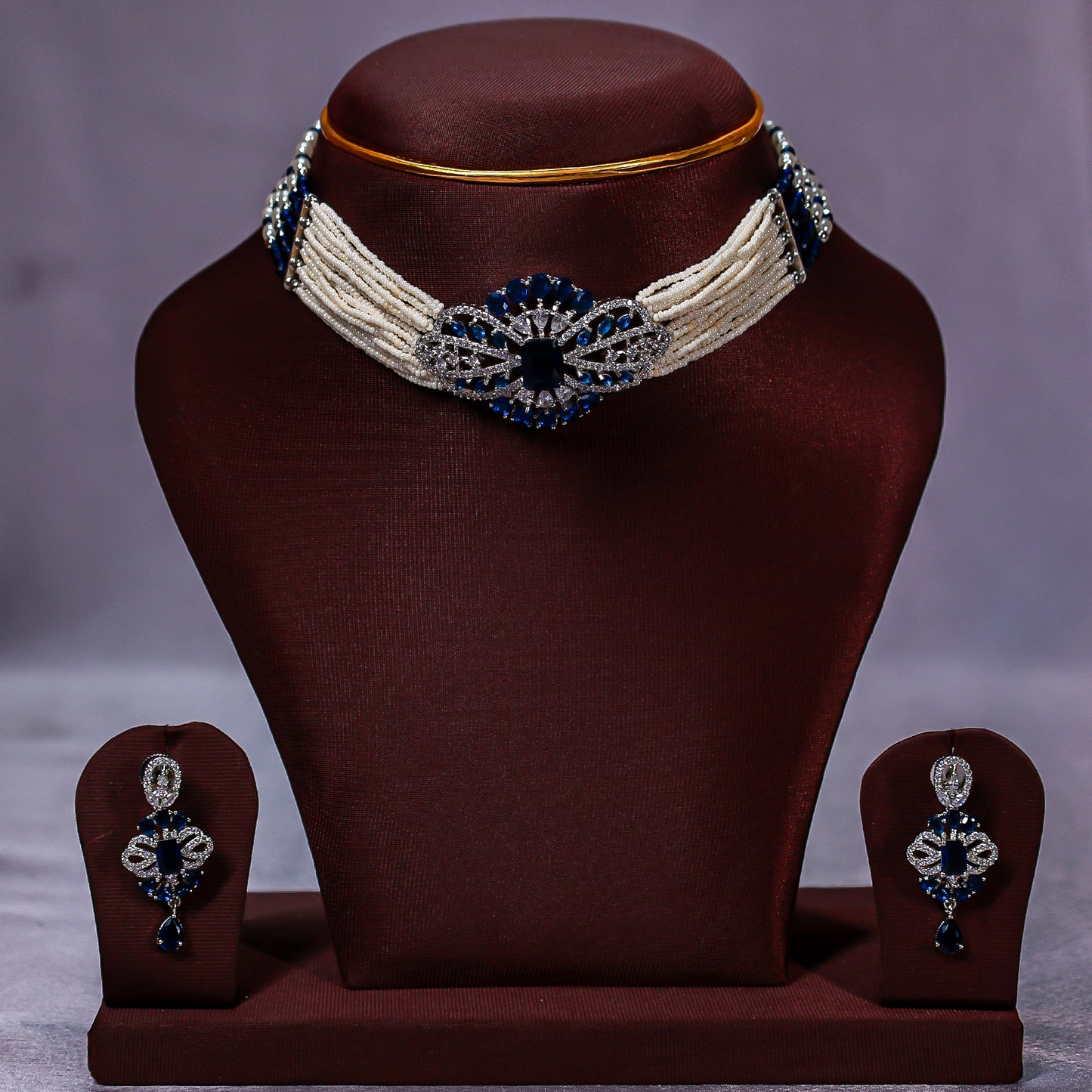 Royal Sapphire Blue & Pearl Choker Necklace Set