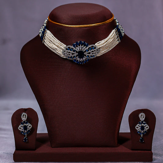 Royal Sapphire Blue & Pearl Choker Necklace Set