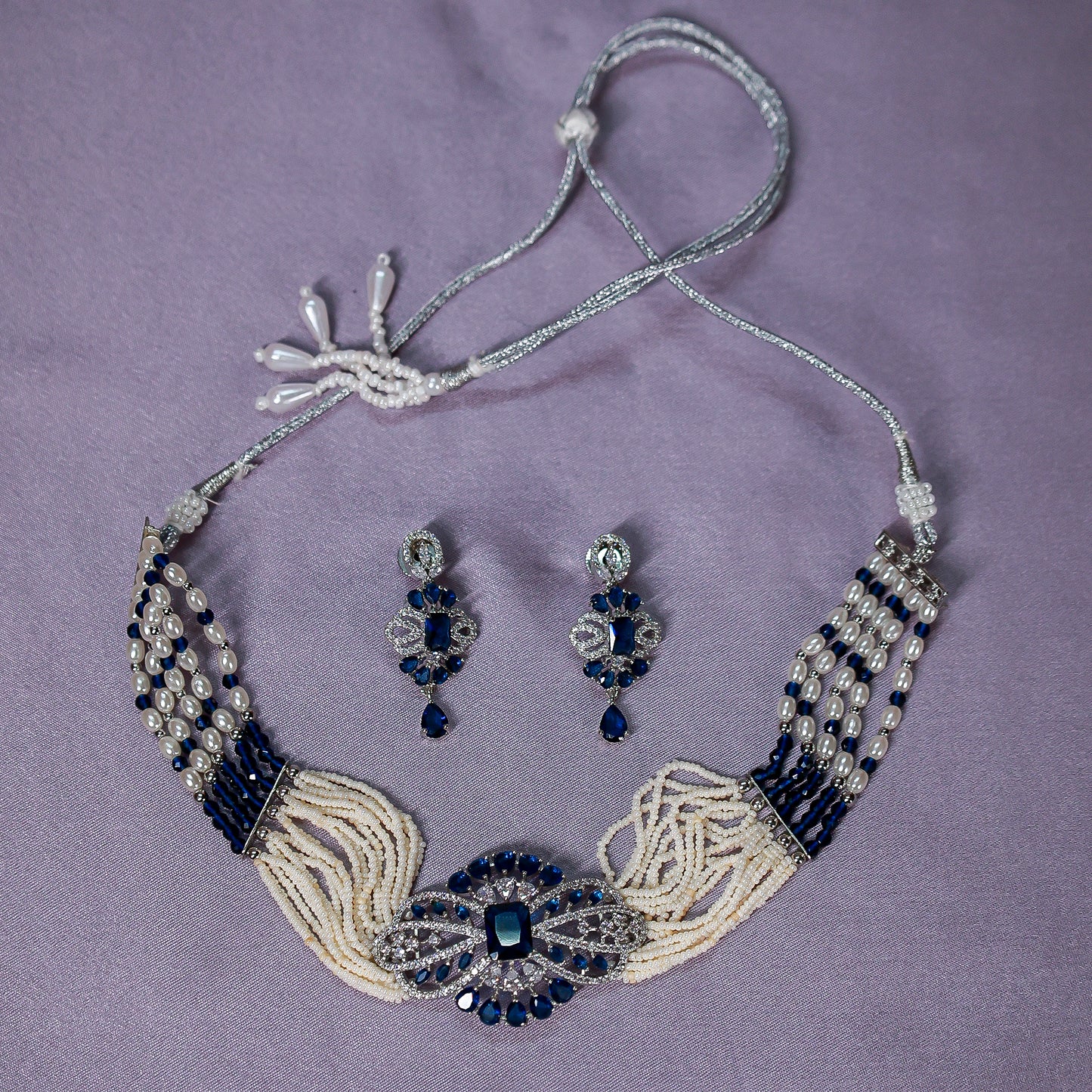 Royal Sapphire Blue & Pearl Choker Necklace Set