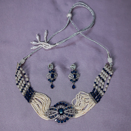Royal Sapphire Blue & Pearl Choker Necklace Set