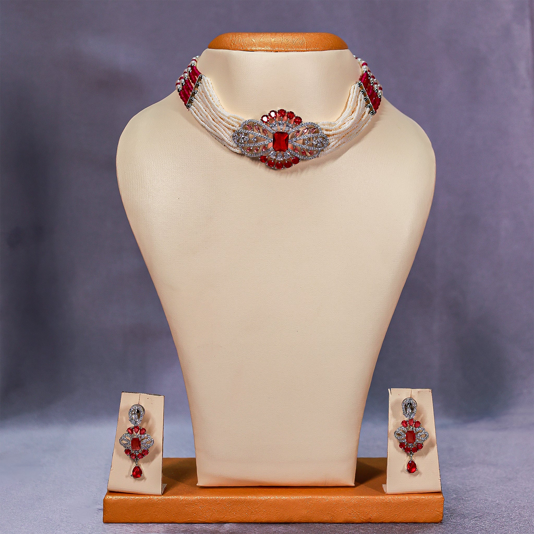 Regal Ruby Red & Pearl Choker Necklace Set