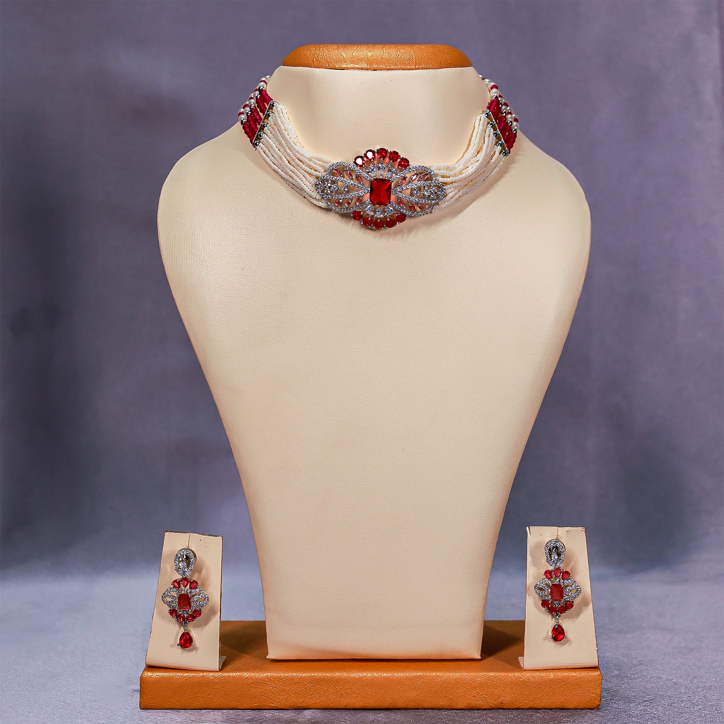 Regal Ruby Red & Pearl Choker Necklace Set