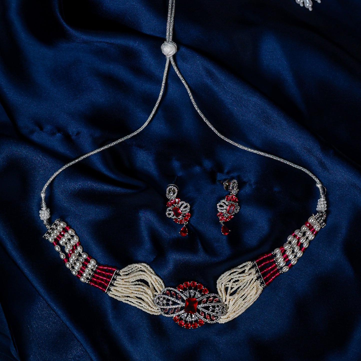 Regal Ruby Red & Pearl Choker Necklace Set