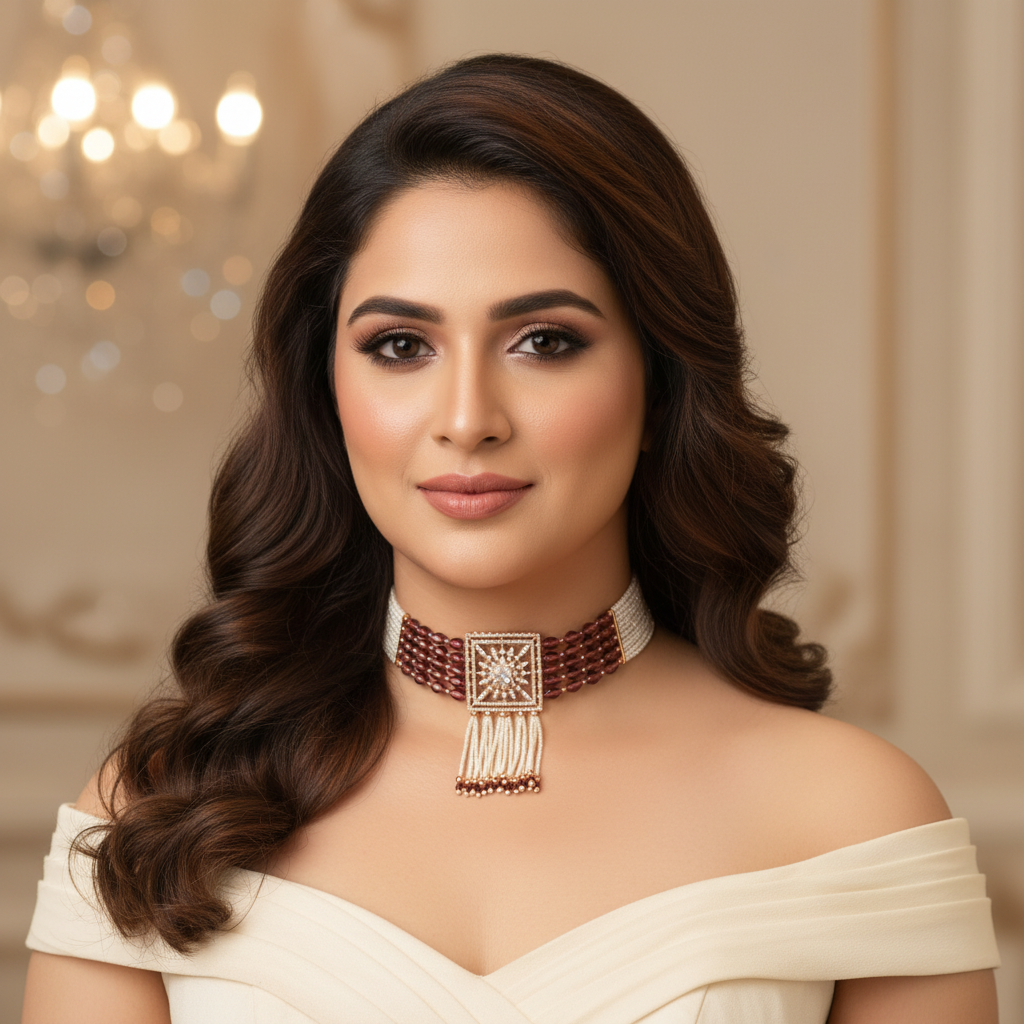 Ethnic Multi-Strand Maroon & Pearl Choker Necklace Set - Model Shot