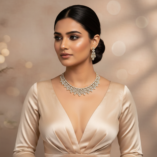 Bridal Pave CZ Petal Fringe Necklace Set - Model Shot