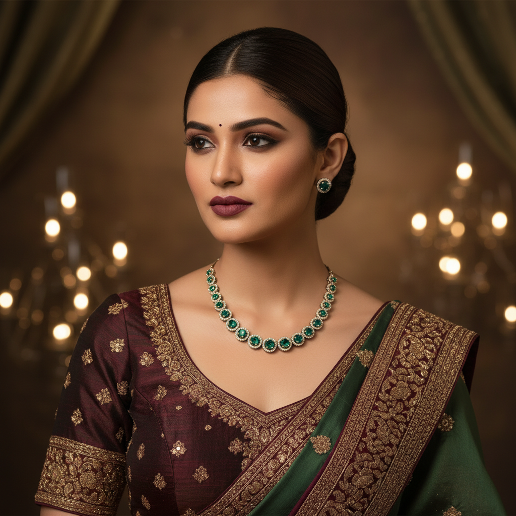 The Emerald Halo Solitaire Necklace Set - Model Shot