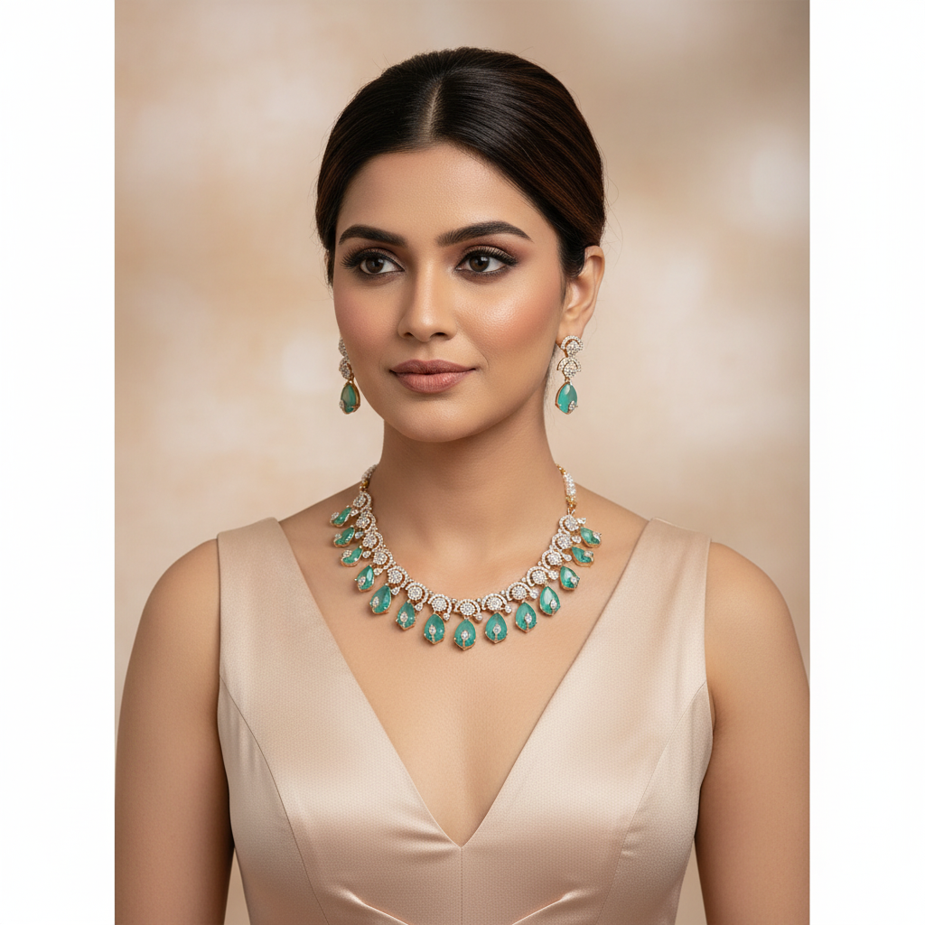 Teal Quartz Drop Statement Necklace Set - Model Shot