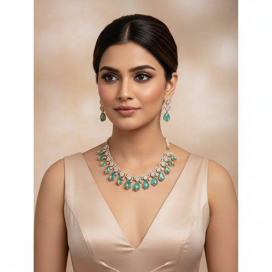 Teal Quartz Drop Statement Necklace Set - Model Shot