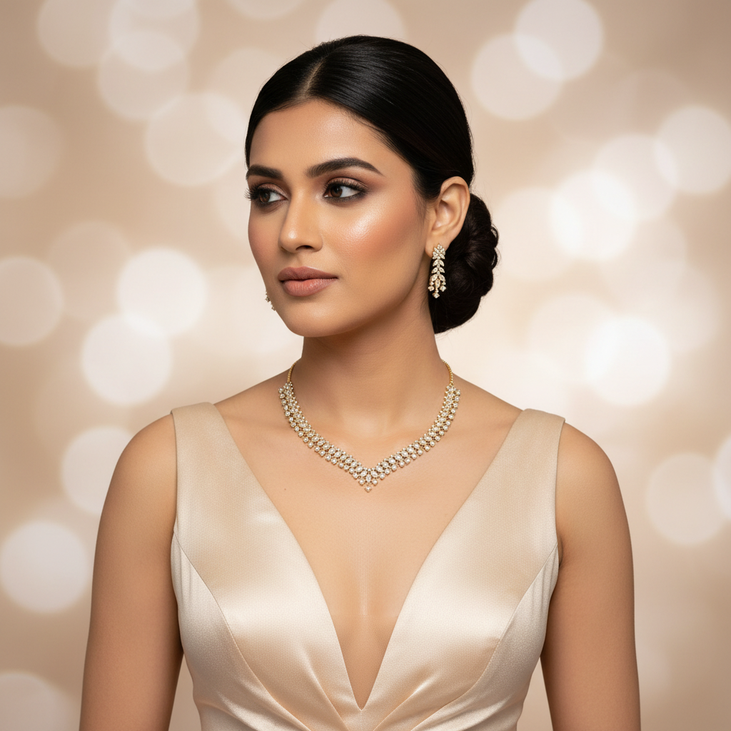 Flexible Diamond-Look V-Shape CZ Necklace Set - Model Shot