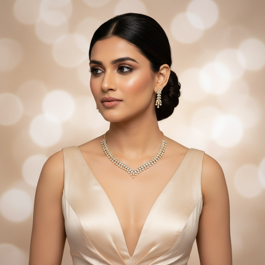 Flexible Diamond-Look V-Shape CZ Necklace Set - Model Shot