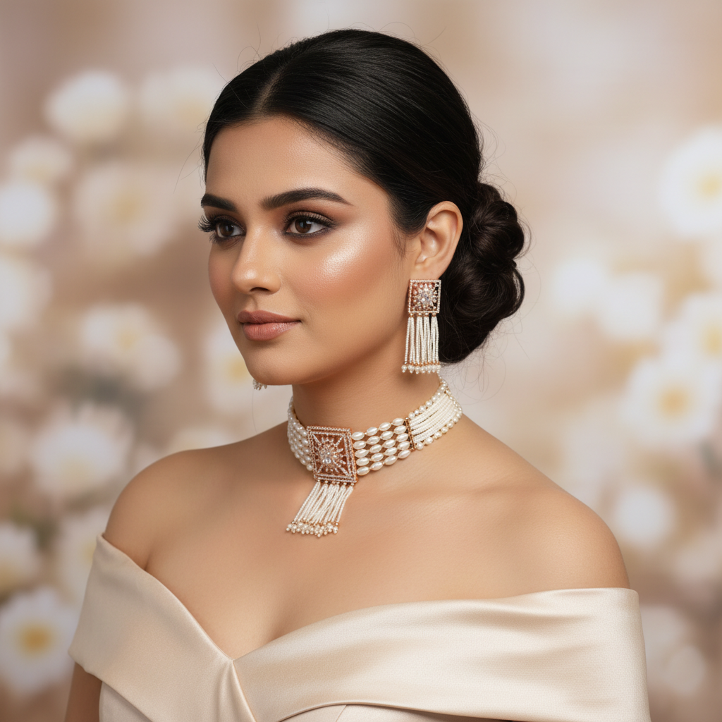 Regal Pearl Choker Necklace Set - Model Shot