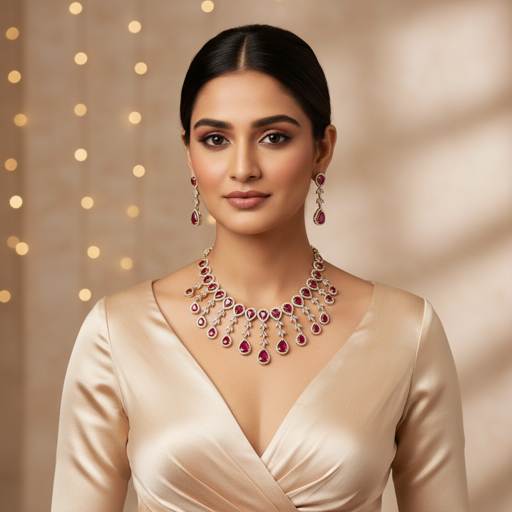 Regal Ruby Red Teardrop Festoon Necklace Set - Model Shot