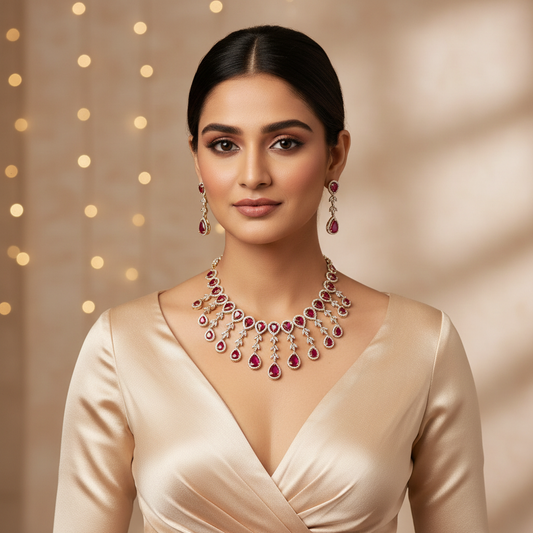 Regal Ruby Red Teardrop Festoon Necklace Set - Model Shot
