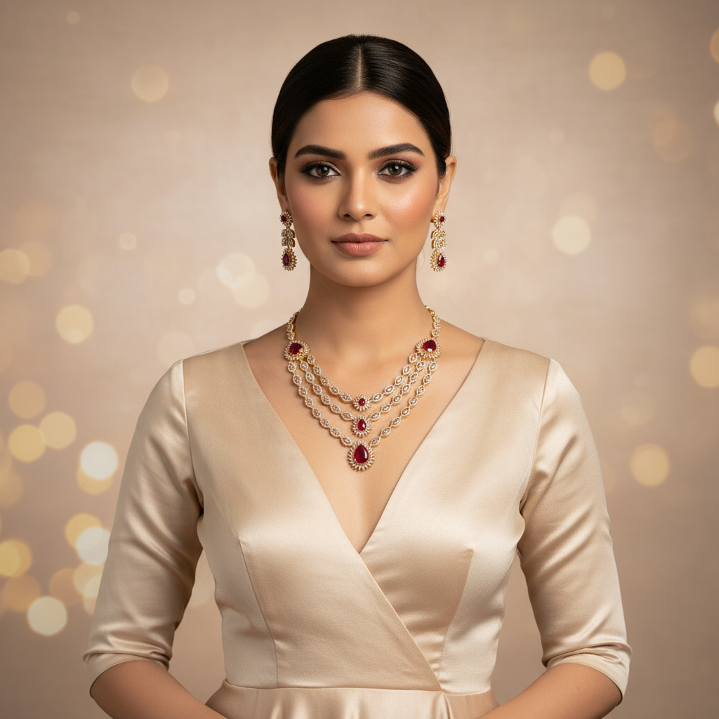 The Ruby Red Cascading Three-Layer Diamond Necklace Set - Model Shot
