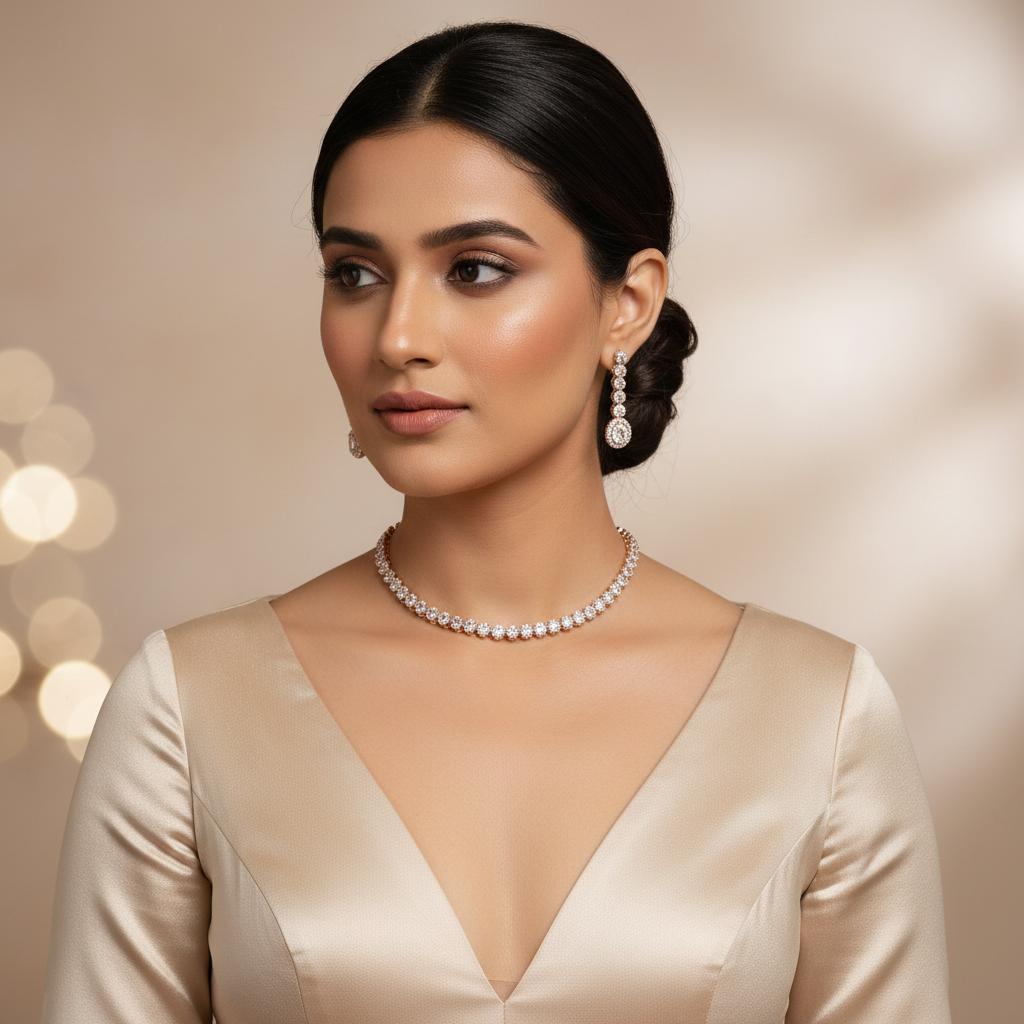 The Rose Gold Halo Tennis Choker Set - Model Shot