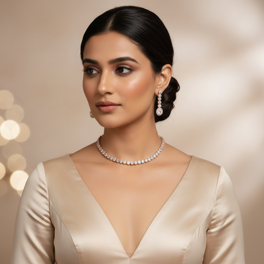 The Rose Gold Halo Tennis Choker Set - Model Shot