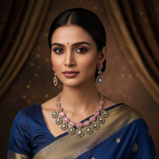 Antique Pink Kundan Collar Set - Model Shot