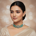The Elegant Aqua Polki & Pearl Beaded Choker Set
