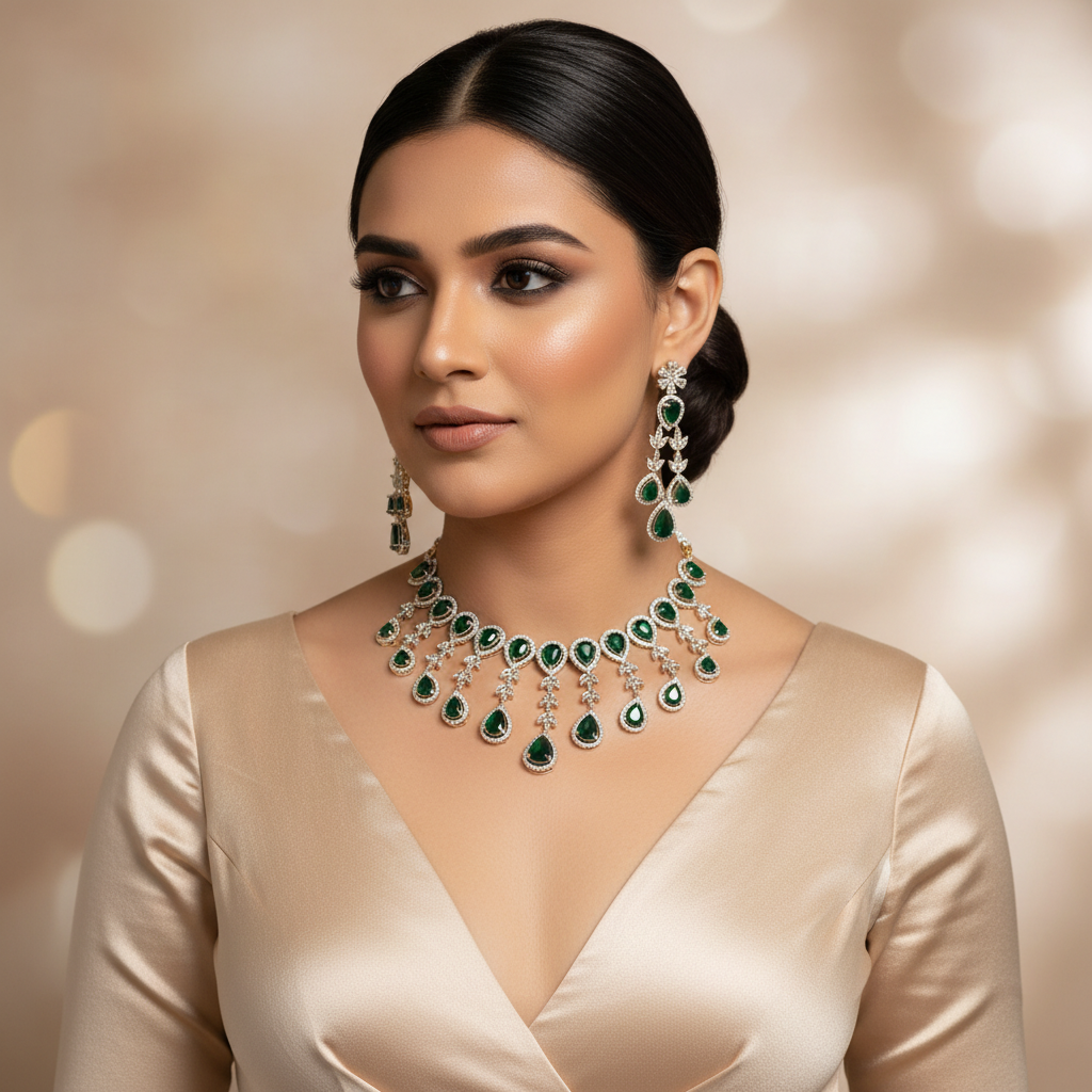 The Dark Green Cascade Teardrop CZ Choker Set - Model Shot