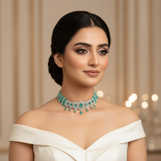 Mint/Teal Quartz & Pearl Circular Medallion Choker Set - Model Shot