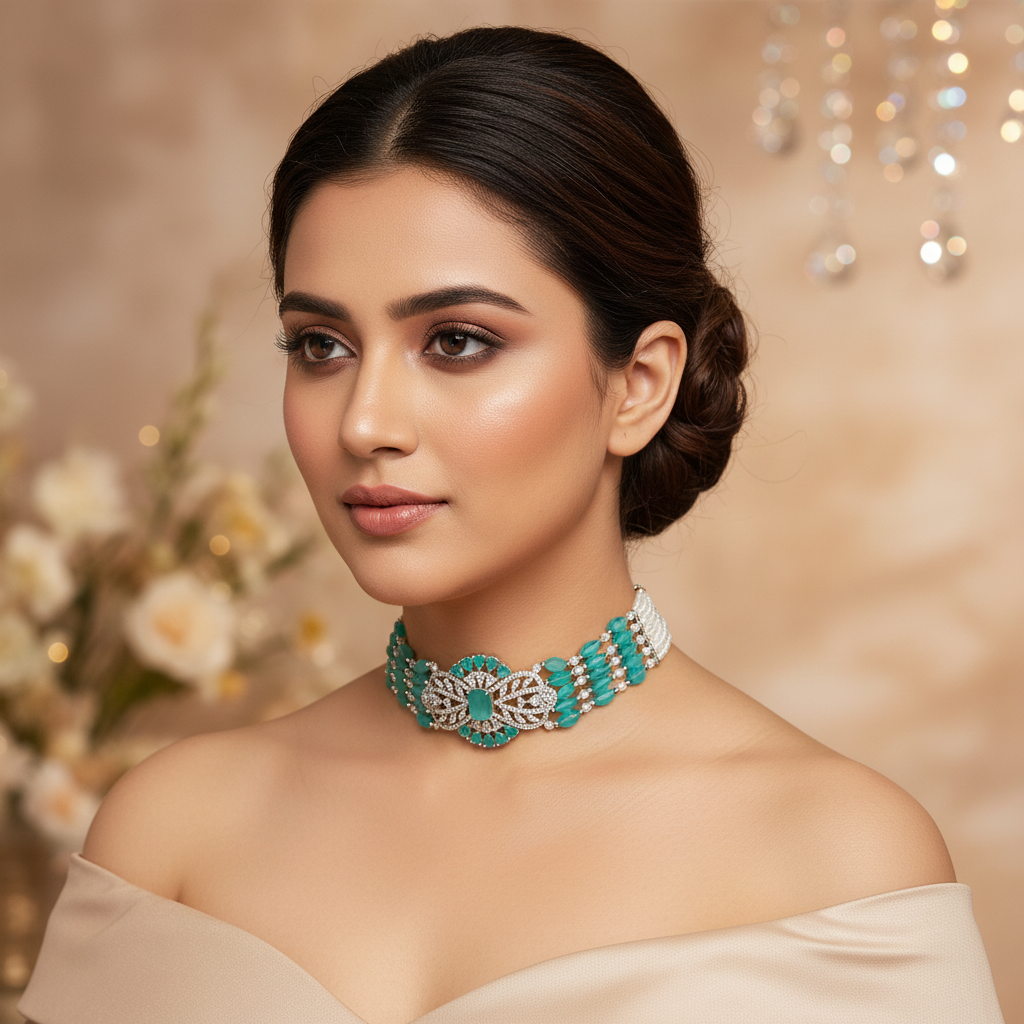 Mint/Teal Quartz & Pearl Choker Necklace Set - Model Shot