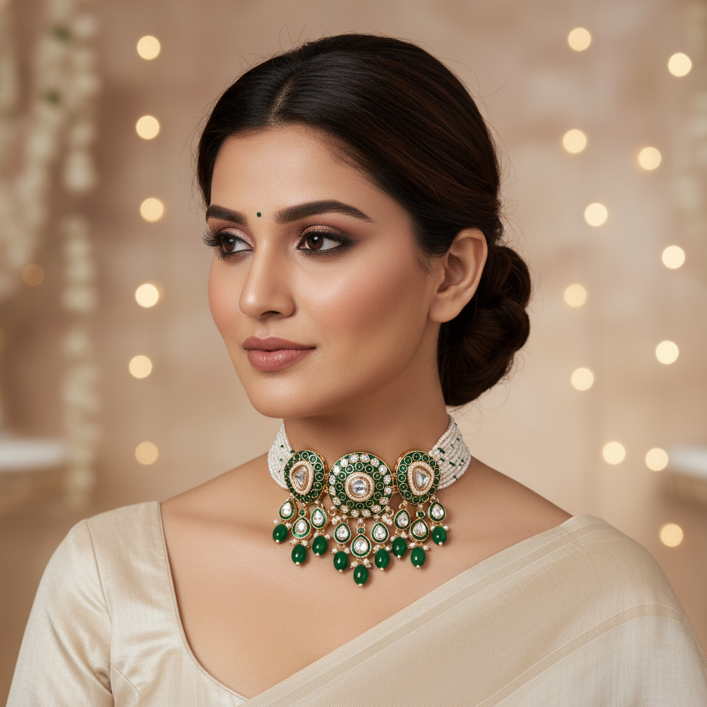 The Emerald Meenakari Polki Choker - Model Shot