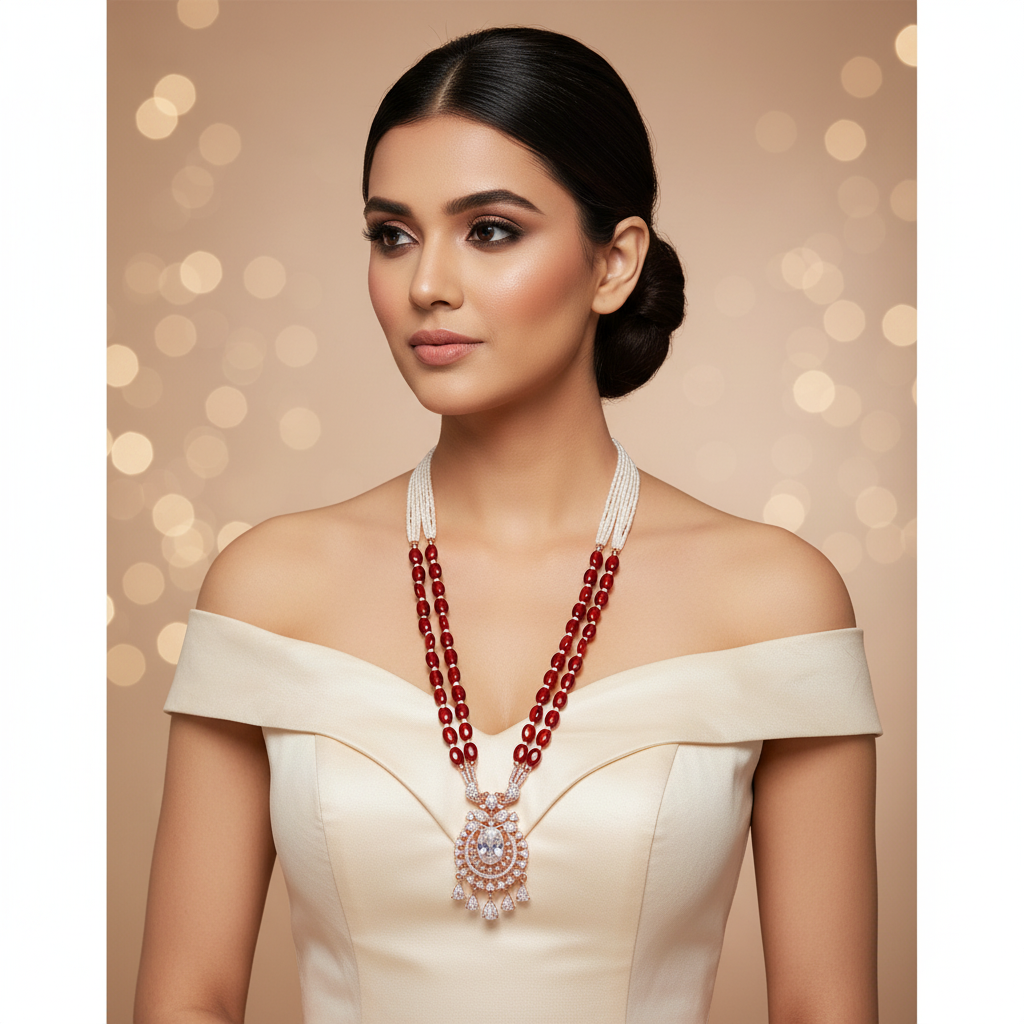 Regal Berry Pink Beaded Necklace Set - Model Shot