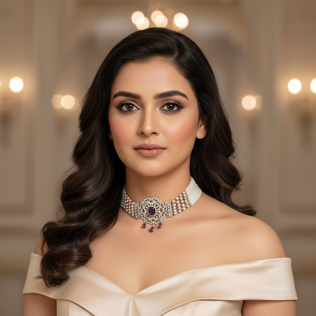 Regal Amethyst & Pearl Choker Necklace Set - Model Shot