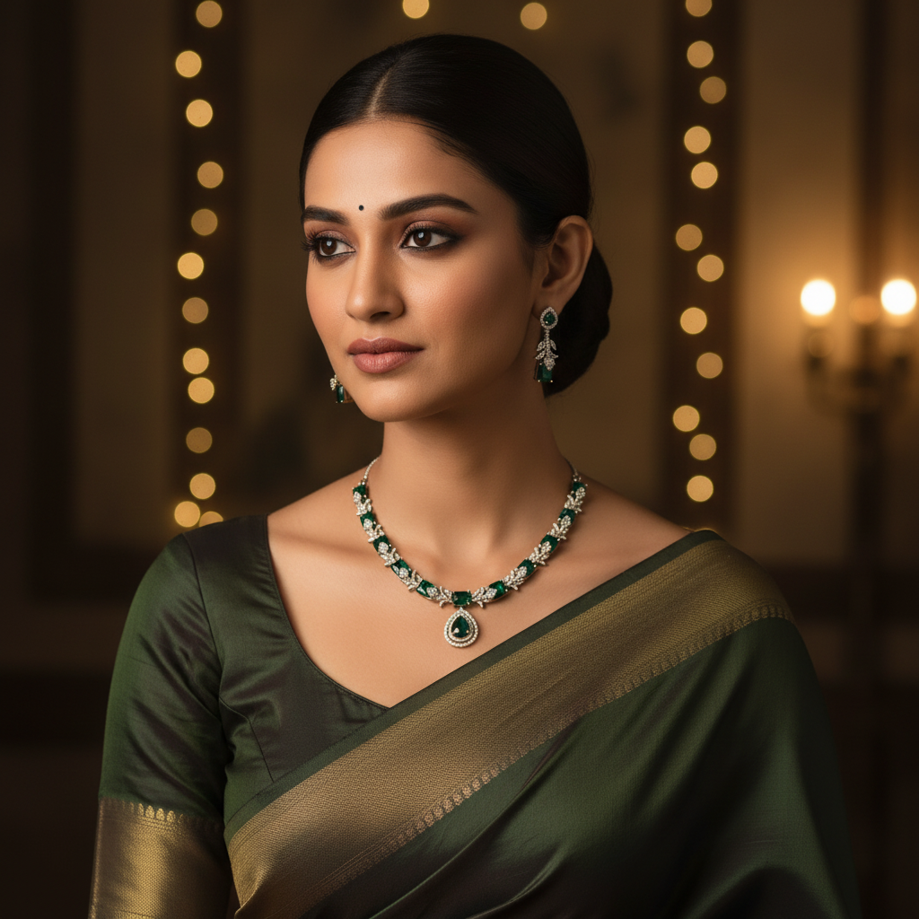 Emerald Green AD Leaf Motif Necklace Set - Model Shot