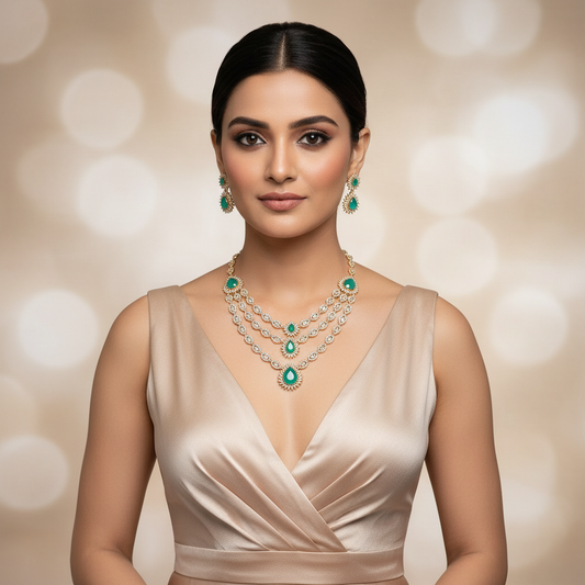 The Emerald Green Cascading Three-Layer Diamond Necklace Set - Model Shot