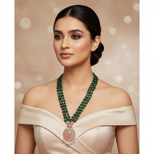 Regal Emerald Green Beaded Necklace Set - Model Shot