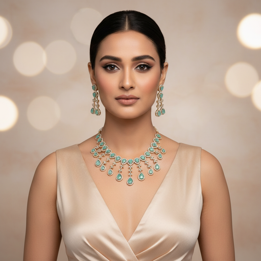 Mint Teal Quartz Teardrop Festoon Necklace Set - Model Shot
