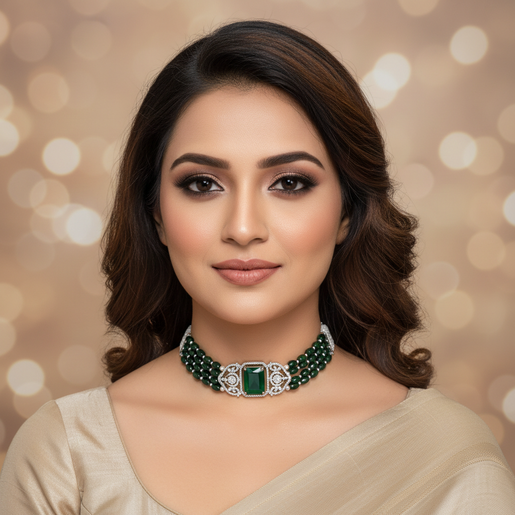 The Regal Emerald Rectangle Choker Set - Model Shot
